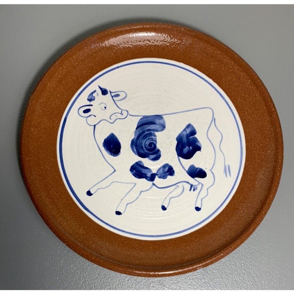 Pottery Redware Plate with Painted Blue Cow Madrid Signed 8"